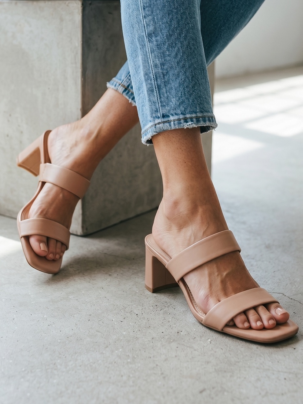 Kelly & Katie Nude Taupe Double-Band Block Heel Mules